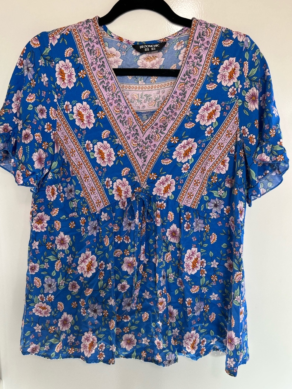 BloomChic Floral Babydoll Blouse Women’s US 10 Blue Pink Ruffled Sleeve Sz 10